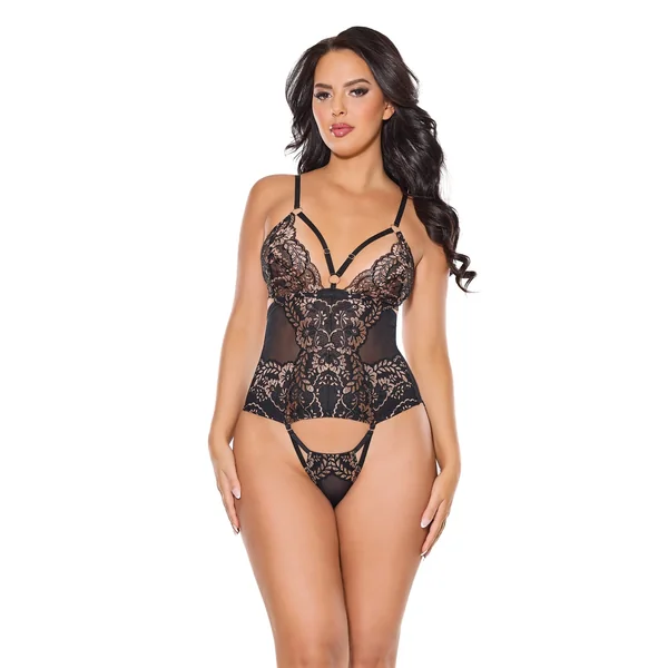 Lace and Mesh Teddy w/Removable Backless Panty - Black/Rose Gold