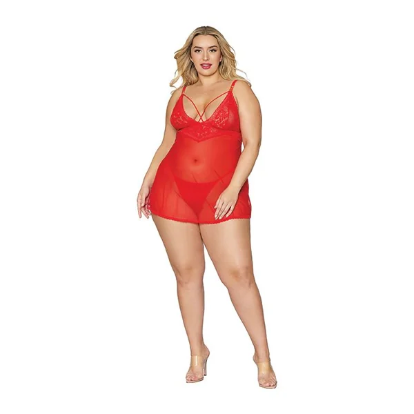 LACE & MESH BABYDOLL & G- STRING SET LIPSTICK RED Q/S