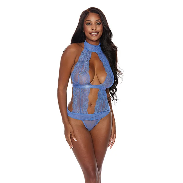 Lace & Mesh Halter Neck Teddy Periwinkle