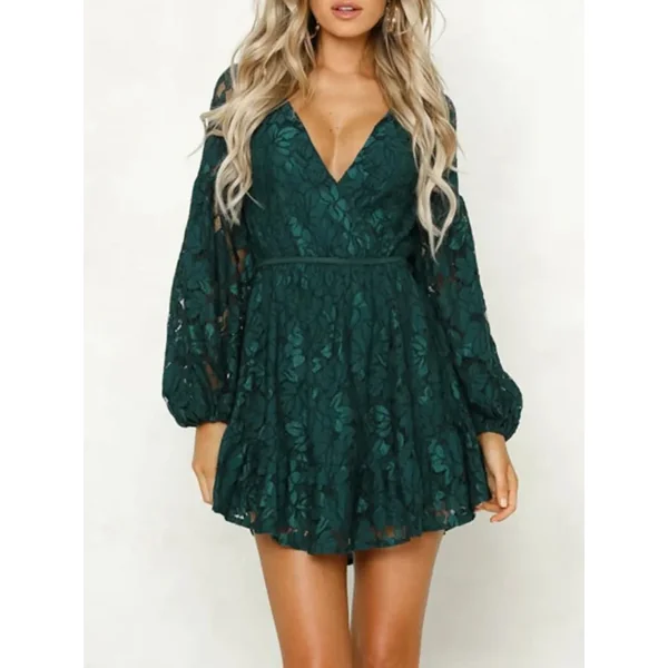 Lace V-Neck Long Sleeve Mini Dress