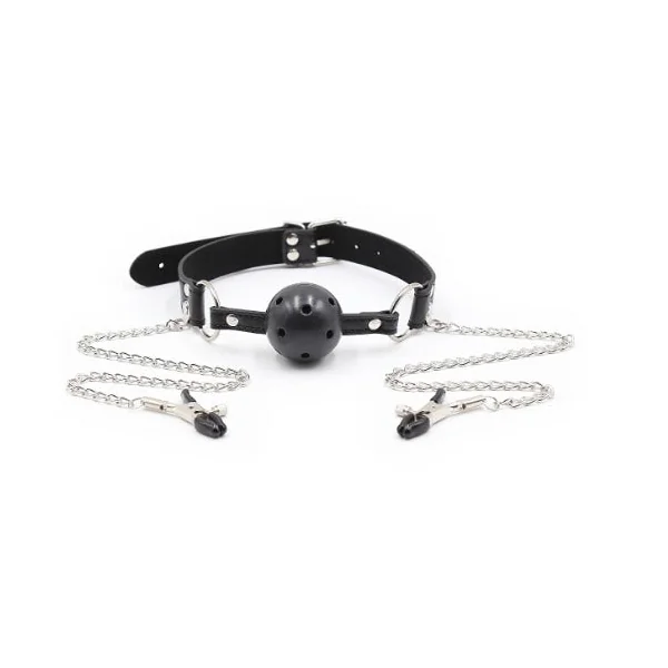 Leather Gag Collar With Nipple Clamps
