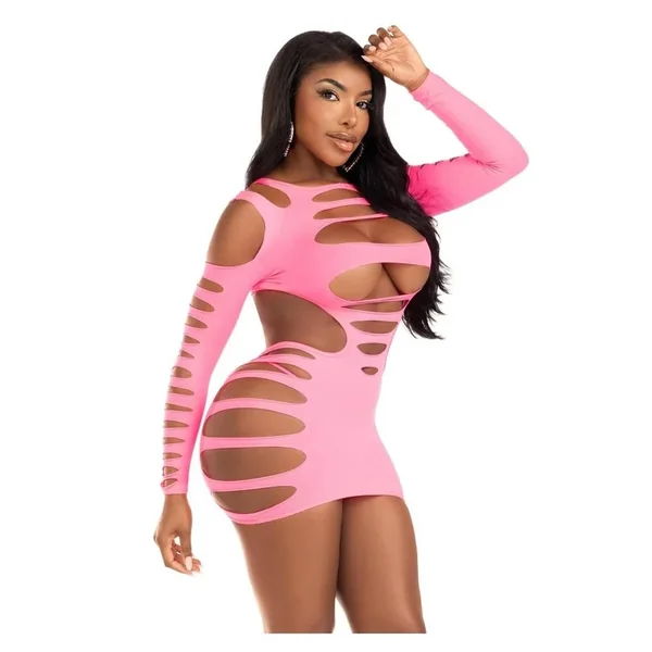 Leg Avenue Opaque Shredded Cut-Out Mini Dress – OS – Neon Pink