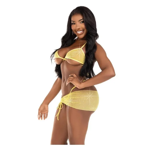 Leg Avenue Rhinestone Mesh Wrap Around Bra Top, G-String Panty, and Ruched Tie Sarong (3 Piece) – Medium/Large – Baby Yellow
