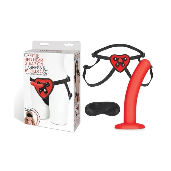 LUX FETISH RED HEART STRAP ON HARNESS & 5IN DILDO SET