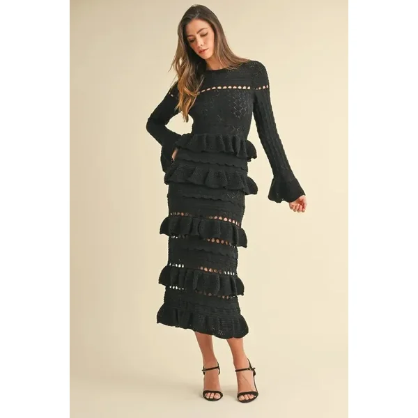 MABLE Long Sleeve Tiered Ruffle Knit Midi Dress