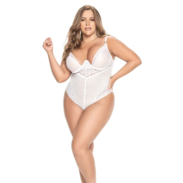 Mapale Lace & Stripes Open Rear Teddy With Garters - Curvy