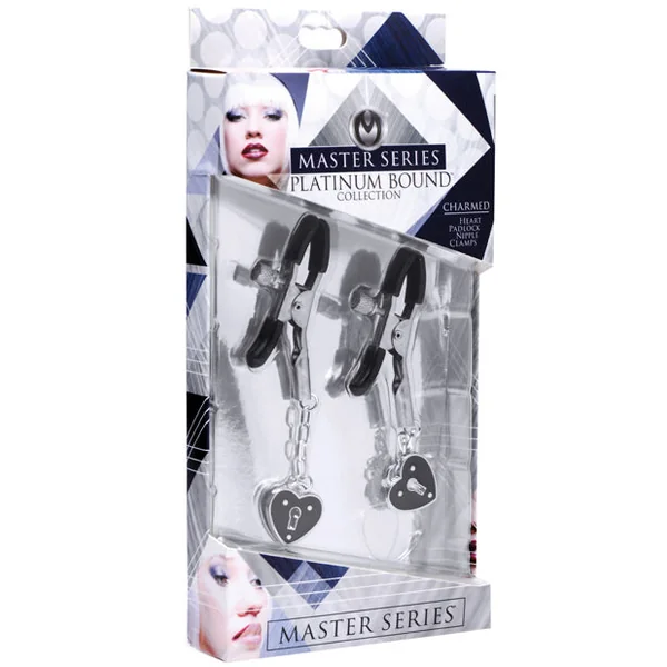 Master Series Charmed Heart Padlock Nipple Clamps - Black