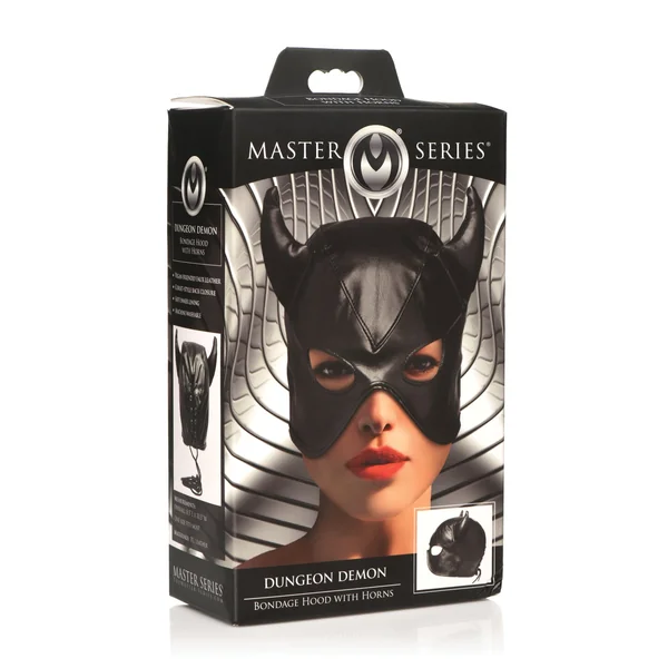 Master Series Dungeon Demon Bondage Hood w/Horns - Black