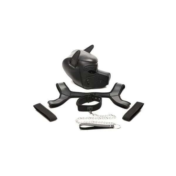 Master Series Full Pup Arsenal Set Neoprene Puppy Hood, Chest Harness, Collar with Leash and Arm Bands – Black