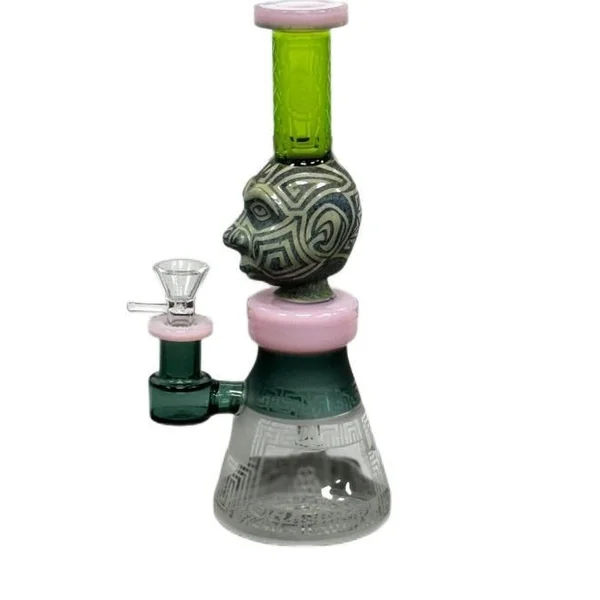 Mayan Face Beaker Bottom Waterpipe Etched Design W/ Bottom Perc