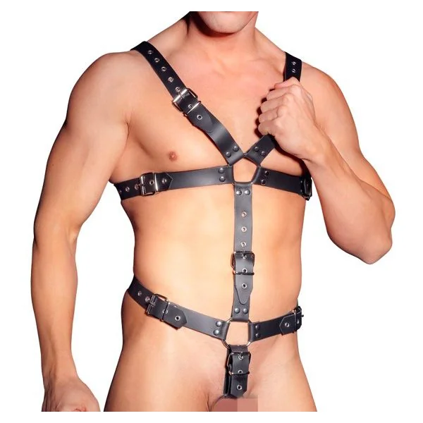 Mens Leather Adjustable Harness With Cock Ring