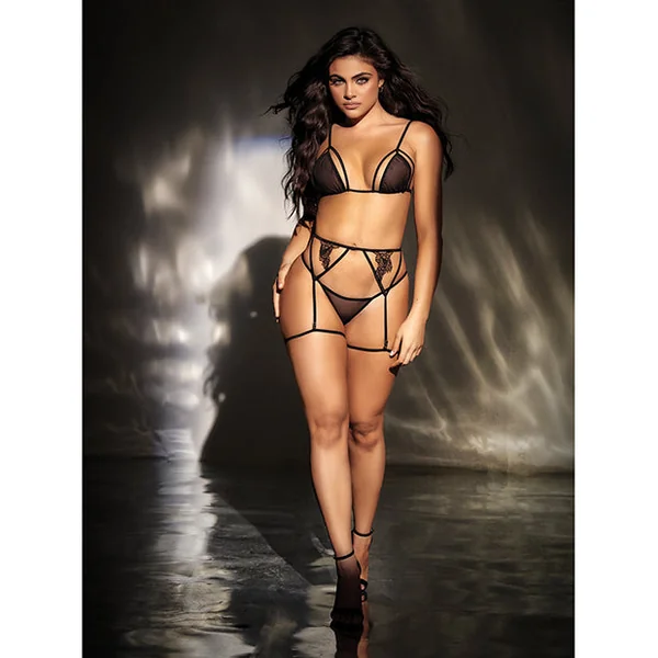 Mesh Top W/adjustable Coverage, Garter Belt & Thong Black L/xl