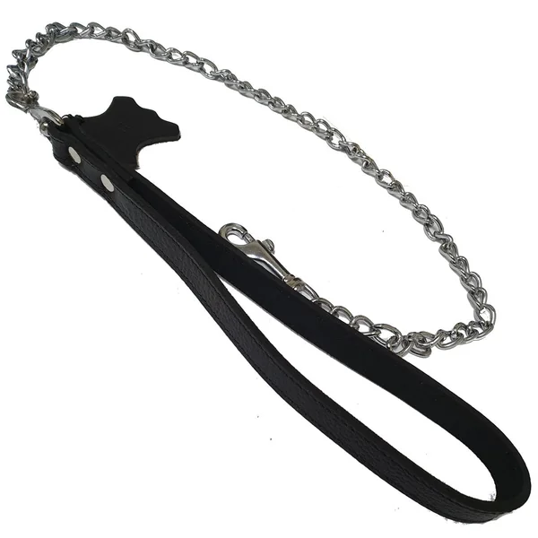 Metal Chain Leash With Large Grain Leather Handle