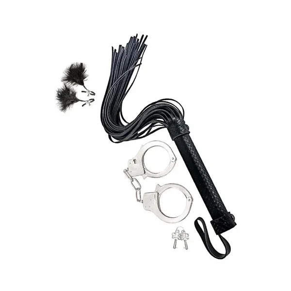 Nasstoys Bondage Whip Feather Clamps and Cuffs Kit – Black