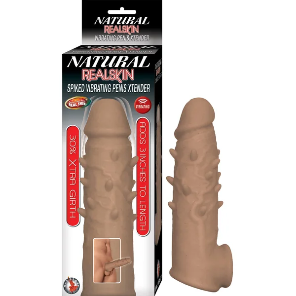 NATURAL REALSKIN SPIKED VIBRATING PENIS XTENDER BROWN