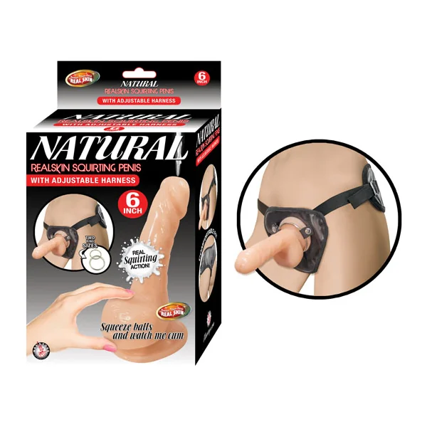 NATURAL REALSKIN SQUIRTING PENIS W/ ADJUSTABLE HARNESS 6IN FLESH