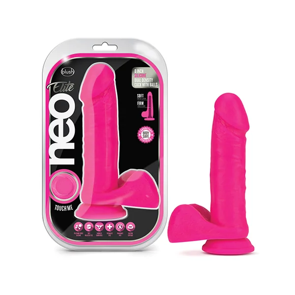 NEO ELITE 8 SILICONE DUAL DENSITY COCK W BALLS NEON PINK “