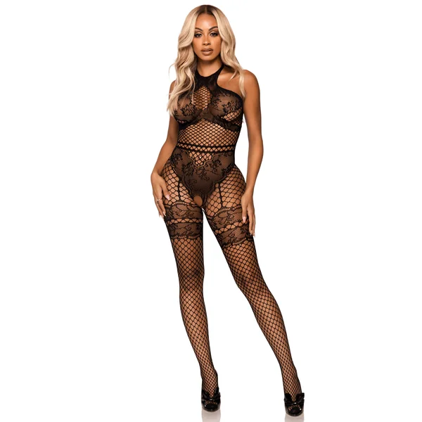 Net and Lace Crotchless Bodystocking - One Size - Black