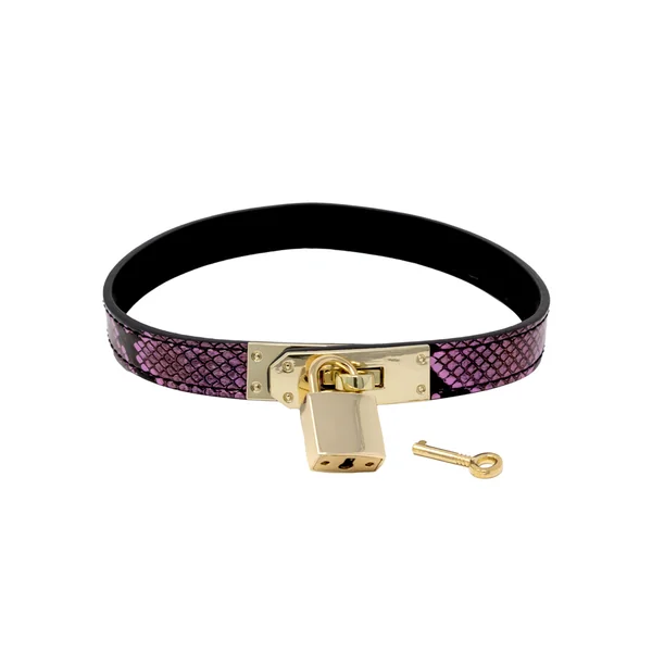 Nobü Fetish – CL8 Padlock Collar – Black & Pink Snakeskin