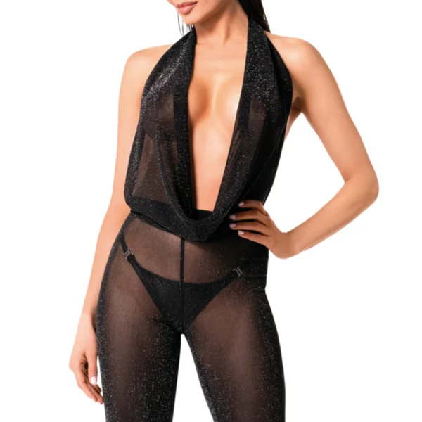 Noir Handmade Luminara Plunging Sheer Sparkle Mesh Jumpsuit