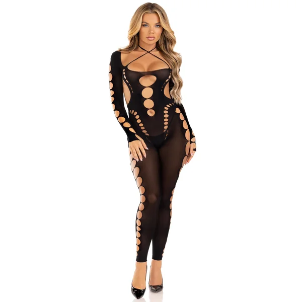 Opaque Cut Out Footless Bodystocking - One Size - Black