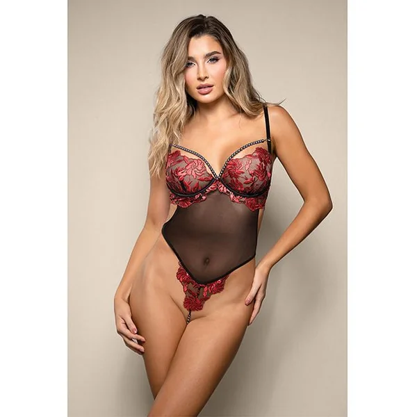 Opulence Embroidered Underwire Open Crotch Teddy With Pearl Detail