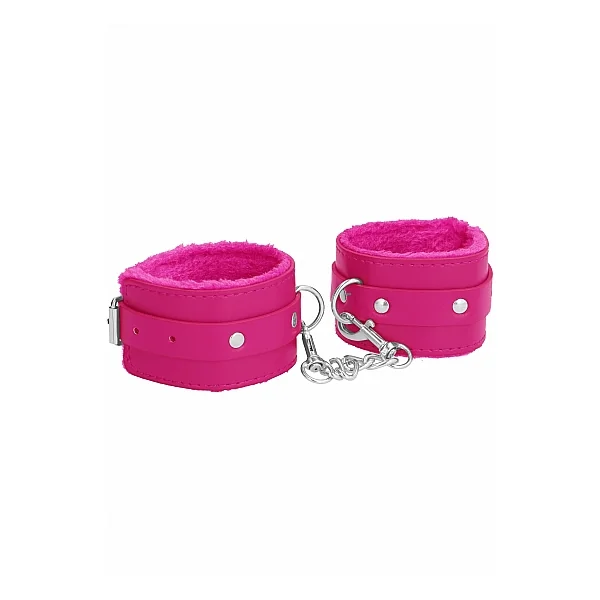 OUCH! PLUSH LEATHER HANDCUFFS PINK