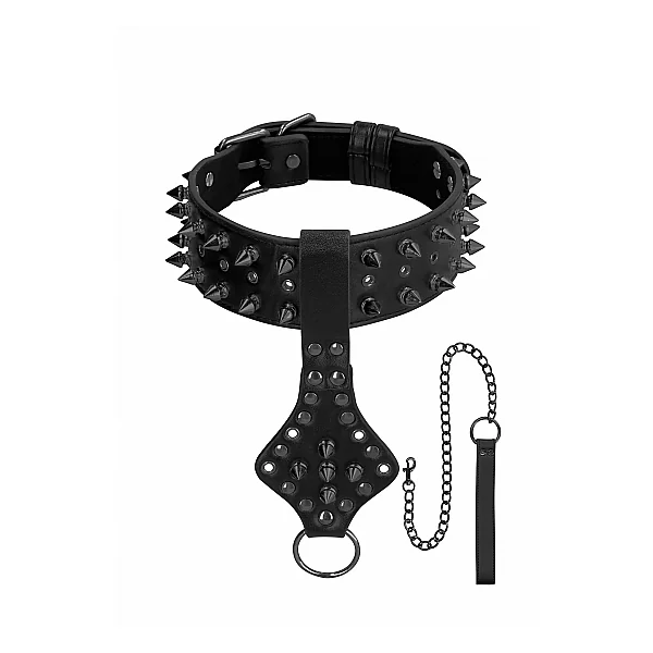 OUCH! SKULLS & BONES NECK CHAIN W/ SPIKES AND LEASH BLACK