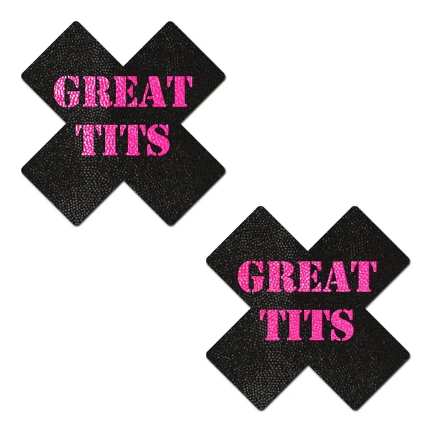 Pastease Black with Pink ‘Great Tits’ Cross Nipple Pasties