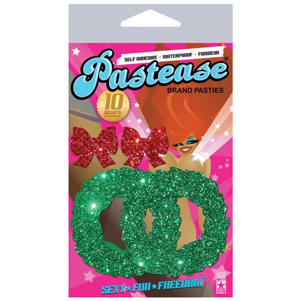 Pastease Premium Glitter Wreath W/bow Nipple Covers - Red O/s