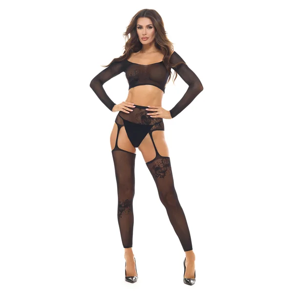 Permanent Mark Long Sleeve Top and Garter Bodystocking Black - Os