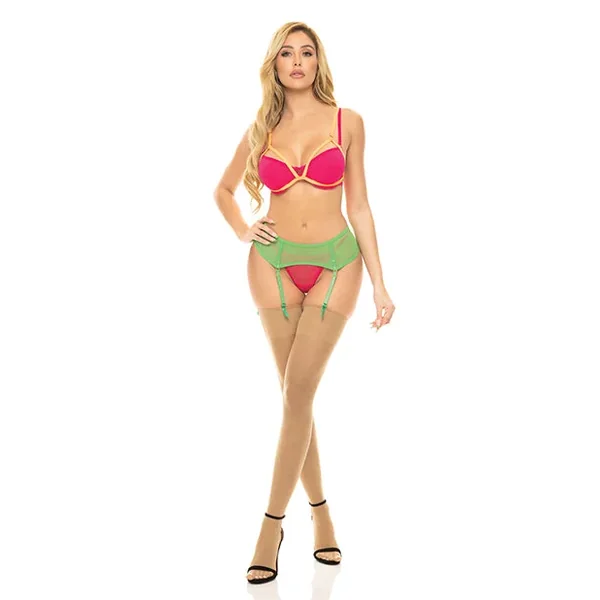 Pink Lipstick Come to Me Bra, Garter Belt & G-String Neon S/M