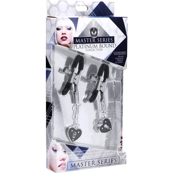 Platinum Bound Charmed Heart Padlock Nipple Clamps Master Series