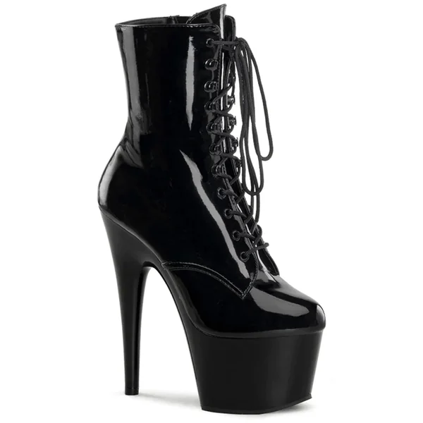 Pleaser Adore 7" Stiletto Lace-Up Platform Ankle Boots - Patent Black