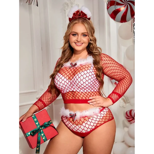Plus Fuzzy Trim Hollow Out Bow Front Lingerie Set Without Liner