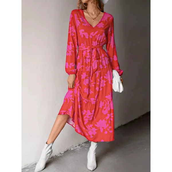 Printed V-Neck Balloon Sleeve Dress