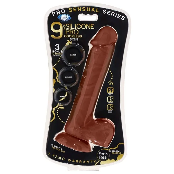 PRO SENSUAL PREMIUM SILICONE DONG W/ 3 C RINGS BROWN 9 “