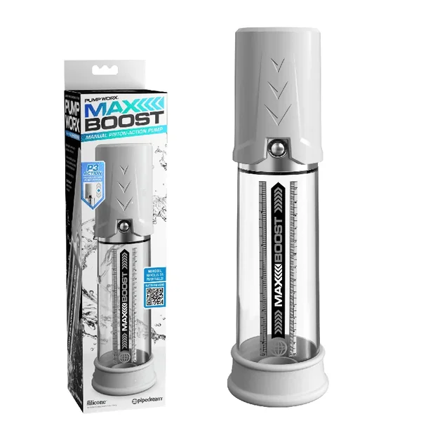Pump Worx Max Boost Quick Release Button Piston Power Silicone Penis Pump – White