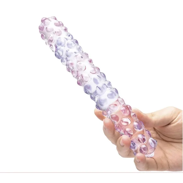 Purple Rose Nubby Glass Dildo 9 inches Clear/Pink