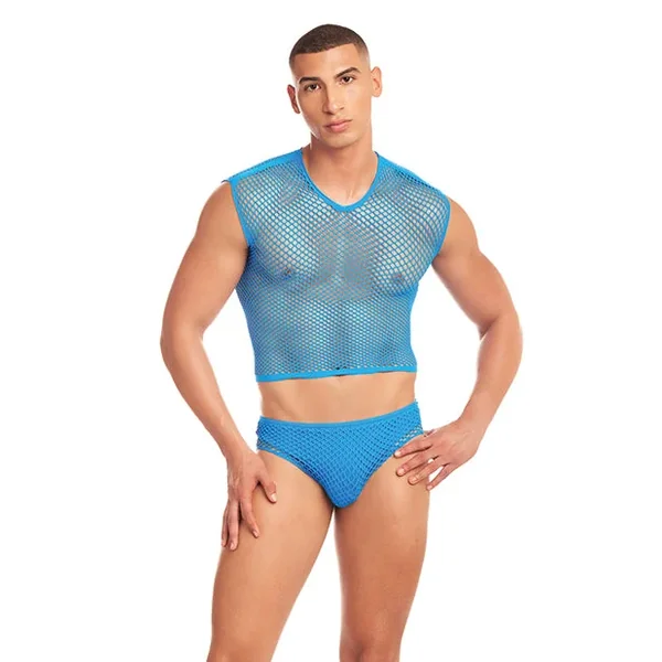 Rainbow Party Net-Flex Large Mesh 3 pc Set w/Thong – Blue S/M