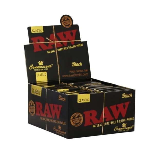 Raw Black King Size Slim w/Tips Connoisseur Papers 24ct