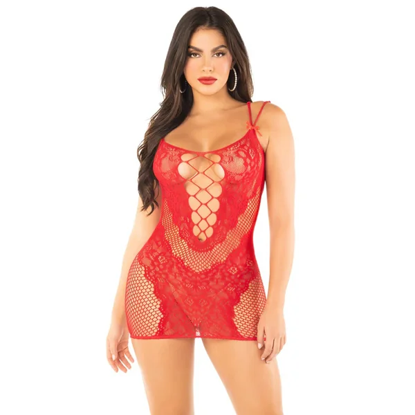 Red Lace and Net Mini Dress - With Dual Strap Detail - Os