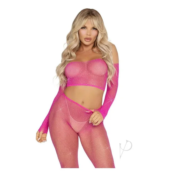 Rhinestone Fishnet Crop Top and Footless Tights Neon Pink O/S