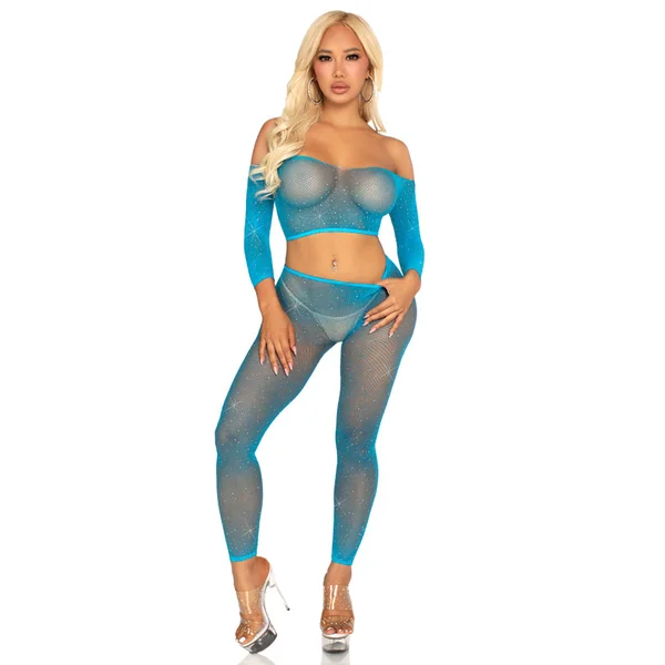 Rhinestone Fishnet Crop Top and Footless Tights O/s - Neon Blue