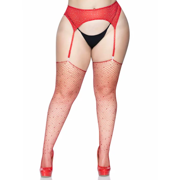 Rhinestone Fishnet Stockings - 1x/2x - Red
