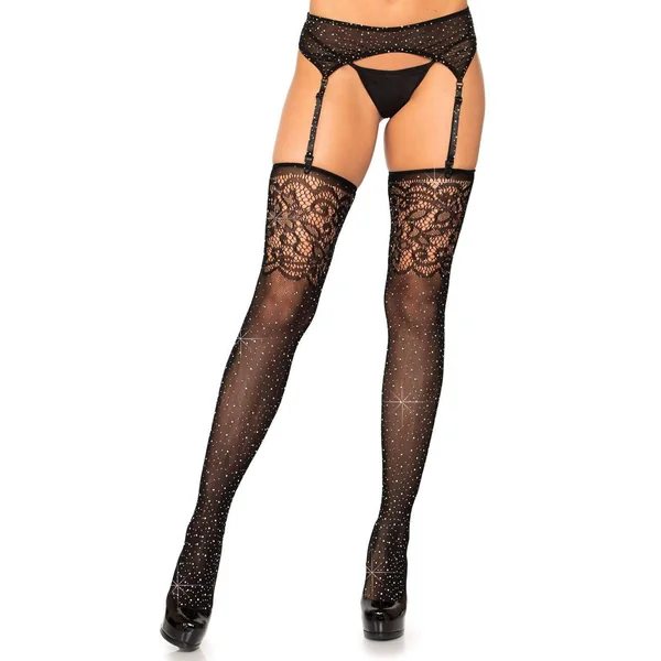 Rhinestone Lace Top Fishnet Stockings - One Size - Black