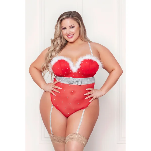 Rhinestone Studded Mesh Teddy With Marabou Trim - 3x-4x - Red