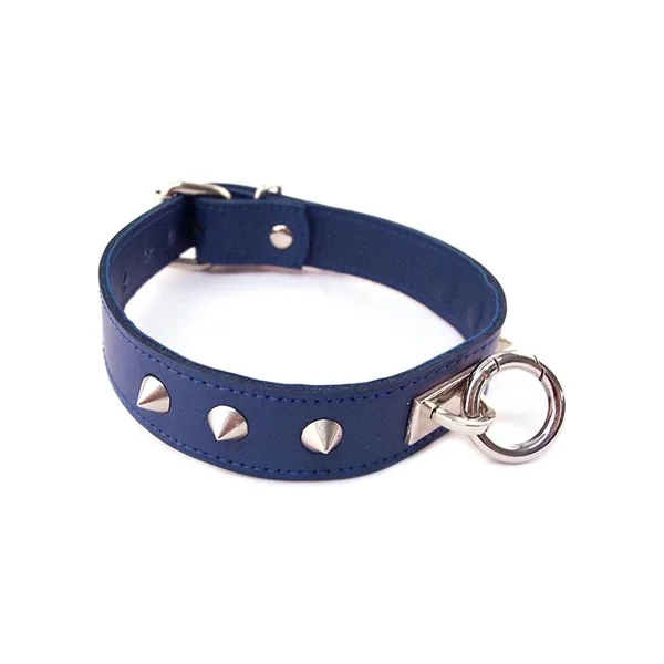 Rouge O Ring Studded Leather Collar Blue