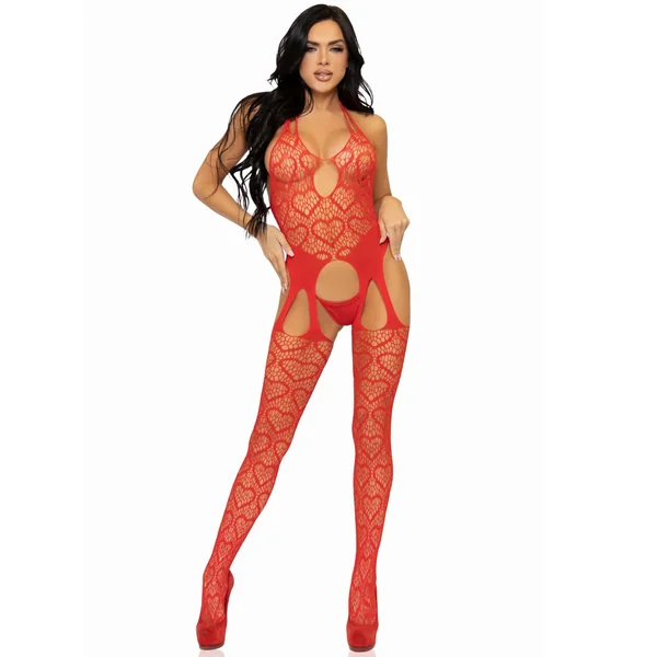 Seamless Heart Net Suspender Bodystocking - One Size - Red