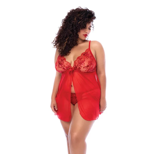 Sequin Embellished Babydoll w/G-String - Red 1X/2X